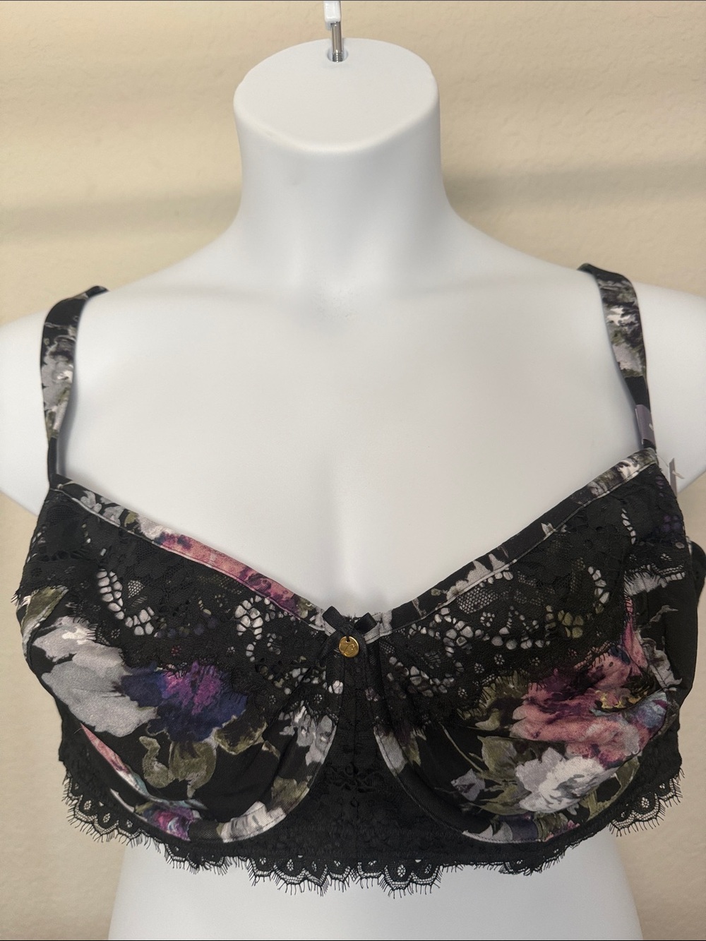 Cacique Black Floral Lace Unlined Balconette Bra Size 46D